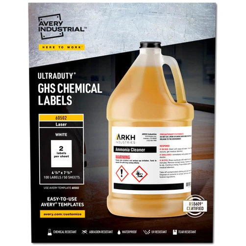 Avery UltraDuty GHS Chemical Labels for Laser Printers, Waterproof, UV Resistant, 4.75 x 7.75, 100 Pk(60502)