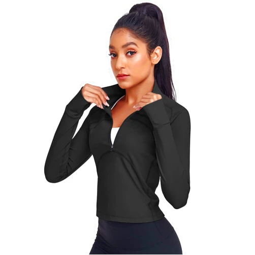 HISKYWIN Women's Cropped Workout Jacket Half Zip Pullover Running Shirts 1/2 Zip Slim Fit Long Sleeve Athletic Yoga Tops