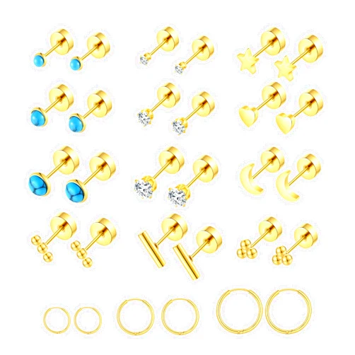 Gabry&jwl Surgical Stainless Steel Flat Back Stud Earrings for Women Men Hypoallergenic Hoop Earrings for Cartilage Helix Lobes Multiple Piercing jewerly Screw Back Earring Set Silver/Gold/Black