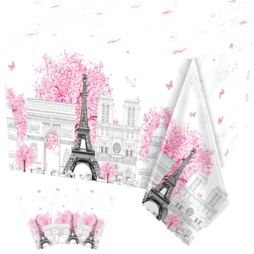ZOIIWA 3 Pieces Paris Eiffel Tower Tablecloths Pink Paris Theme Tablecover Eiffel Tower Plastic Disposable Rectangle Table Covers for Baby Shower Weddings Girl Birthday Party Favors Decorations Supplies
