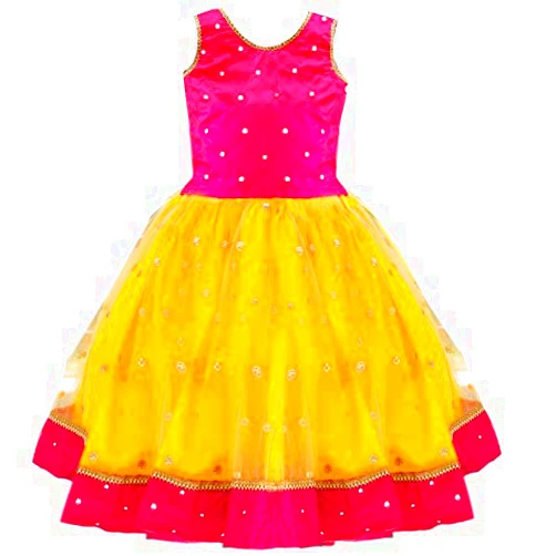Stanwells Kids Orange and Magenta combo south indian Baby girls mirror work net Lehenga Choli set (3months to 8Years), Yellow, 7 Years-8 Years
