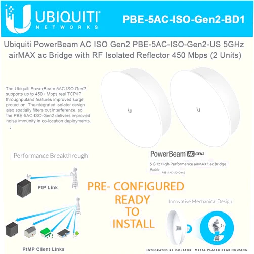 Ubiqui Networks PowerBeam ISO Gen2 2 UNITS PRE-CONFIGURED 5GHz 802.11ac airMAX Bridge 450 Mbps with Isolated Reflector - PBE-5AC-ISO-Gen2-US
