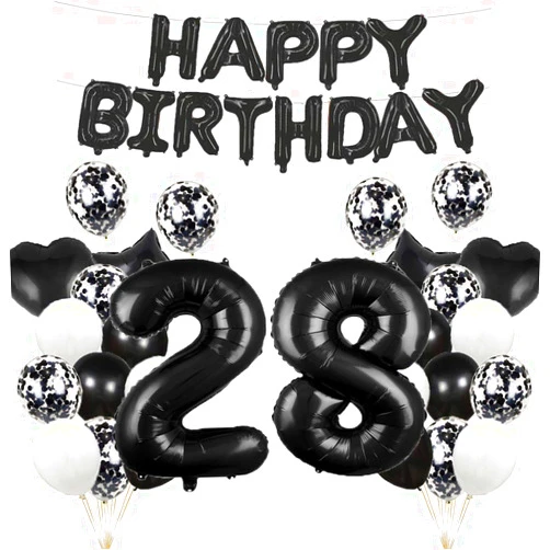 GLZLMM 28th Birthday Balloon 28th Birthday Decorations Black 28 Balloons Happy 28th Birthday Party Supplies Number 28 Foil Mylar Balloons Latex Balloon for Girls,Boys,Women,Men
