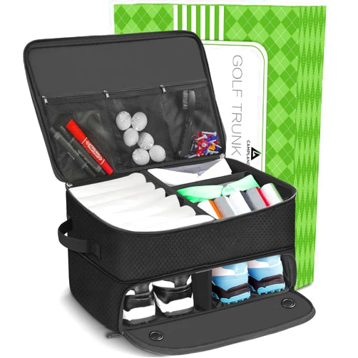 CAMPLAND 2 Layer Golf Trunk Organizer, Waterproof Car Golf Locker for 2 Pair Shoes, Durable Golf Trunk Storage for Balls, Tees, Clothes, Gloves, Accessories, Golf Gifts