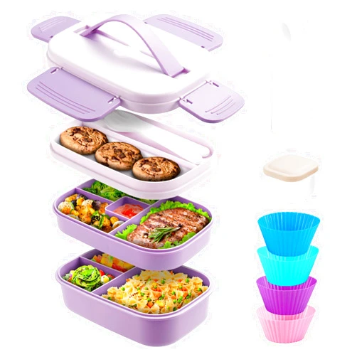 QQKO Bento Box Adult Lunch Box, 3 Stackable Bento Lunch Containers for Adults, Bento Box for Kids, 1900 ML Food Containers, Leak-Proof, Microwave, Dishwasher Safe, Lavender