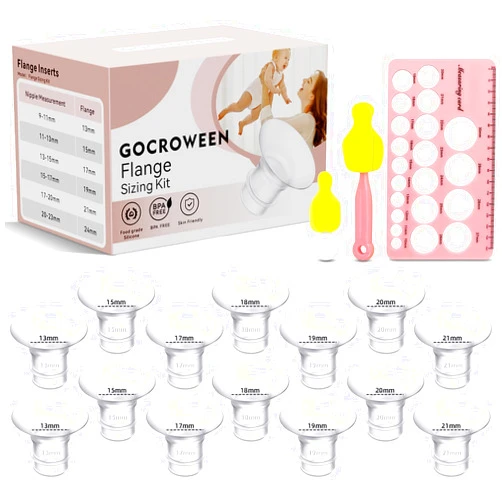 GOCROWEEN Flange Sizing Kit with 14PCS Flange Inserts 13/15/17/18/19/20/21mm, Nipple Ruler, Cleaning Brush, Flange Insert for 24mm Breast Pump，Flange Sizing Measurement Tool (14PCS 13/15/17/18/19/20/21mm)
