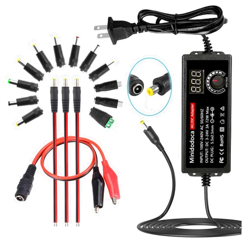 Minidodoca 72W Power Supply Adjustable 3V ~ 24V Variable Universal Switching AC/DC Adapter Minidodoca AC to DC Converter with LED Voltage Display and 16 Tips, for 3V to 24V Household Electronics - 3000mA Max