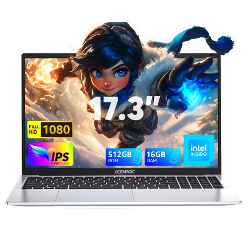 ACEMAGIC 17.3inch Laptop,with High Performance Quad Core-12th Alder Lake N97 Laptop Computer,Spacious Storage with 16GB RAM 512GB ROM,Long Lasting 6000mAh Battery-Silver