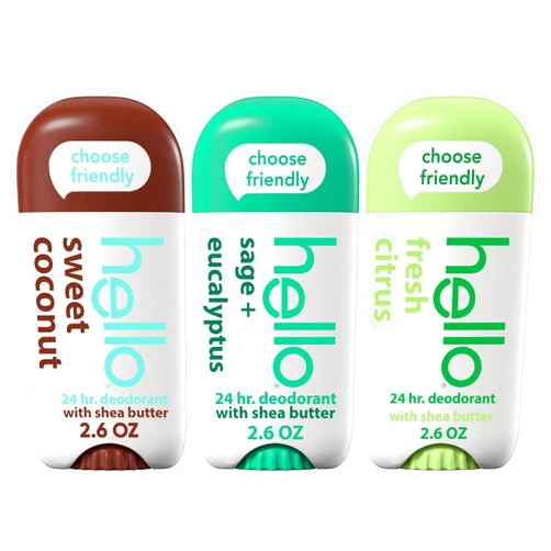 hello Deodorant Variety Pack (Sweet Coconut, Fresh Citrus, White Sage) for Women + Men, Aluminum Free, Baking Soda Free, Parabens Free, 24 Hour Odor Protection, 2.6 Ounce, 3 Pack