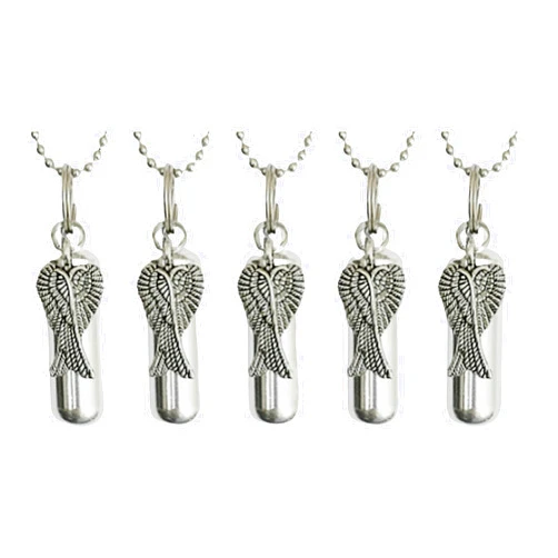 Pasco Specialty Products Special Set of Five Personal Cremation URN Necklaces with Silver Angel Wings and Engraved Hearts - Made in The USA - with 5 Velvet Pouches, 5 Ball-Chains & Fill Kit