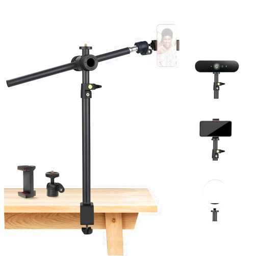 JEBUTU Overhead Camera Mount Desk Stand with 360°Adjustable Holding Arm, Camera Mount Boom Arm Stand, Webcam Desk Mount with Magic Arm Ballhead Phone Mount Holder for Microphone Video Light Cell Phone