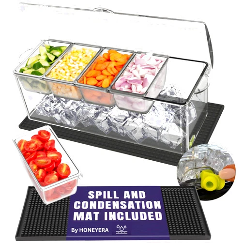 Honeyera Chilled Condiment Server with Lid - 5 Removable Compartments, Condiment Serving Tray with Ice Tray & Free Mat, Clear Fruit Organizer with Ice Chamber, Perfect for BBQs, Mimosa Bars & Parties