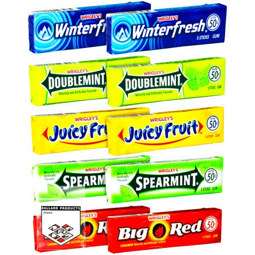 Ballard Products Wrigley Chewing Gum Variety Pack of 10 - All 5 Flavors of Wrigley Gum - Juicy Fruit, Spearmint, Doublemint, Winter Fresh, and Big Red - Bundle with Ballard Products Pocket Bag