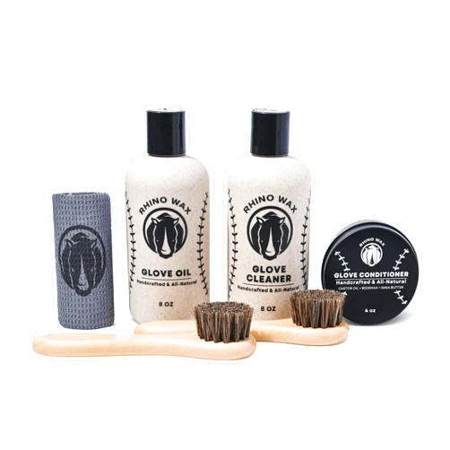 Rhino Wax Baseball Glove Complete Maintenance Kit - Includes: Baseball Glove Cleaner (8 oz) Baseball Glove Oil (8 oz), Baseball Glove Conditioner (4 oz), 2 Brushes + Microfiber Cloth - Made in USA