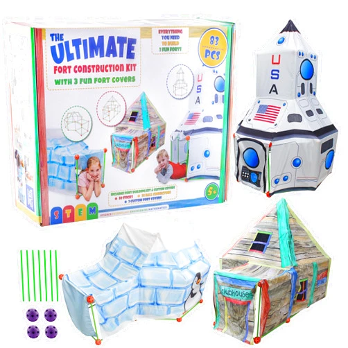 Attatoy Ultimate Play Fort Kit (83-Piece Set), Stick and Ball Fort Building Kit w/ 3 Play Tent Covers