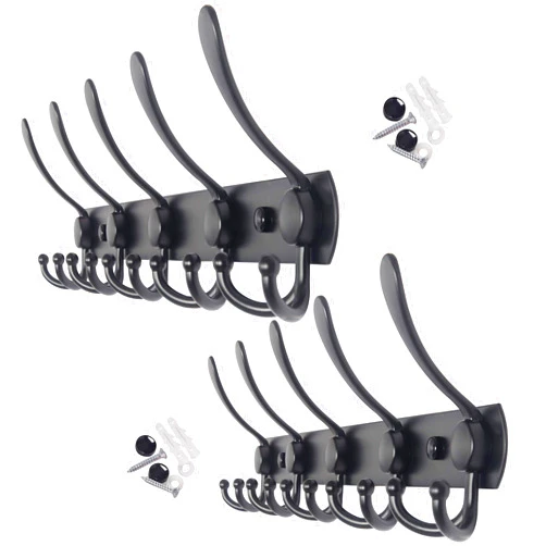WEBI Coat Rack Wall Mount,5 Tri Hooks for Hanging,Coat Hooks Wall Mount,Hook Rack Rail,Coat Hanger Wall for Jacket,Clothes,Hats,Black,2 Packs