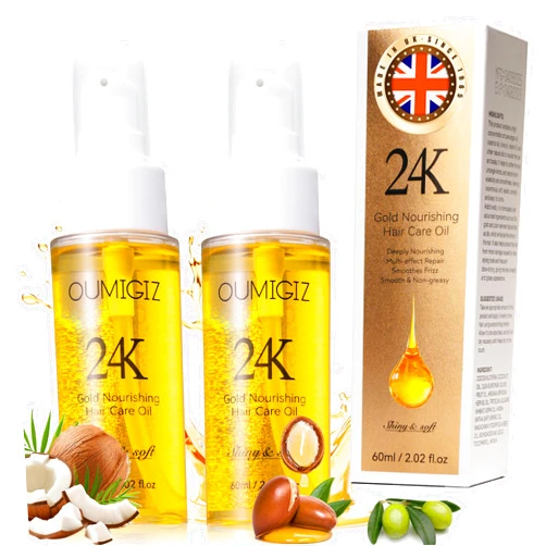 Oumigiz 24K Gold Hair Oil, Repair Shine Serum with Coconut, Argan & Olive Oils - Heat Protectant and Frizz Control - Vegan, Lightweight Leave-In Treatment for Dry Damaged Hair (2.02 Fl Oz (Pack of 2))