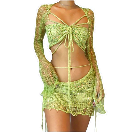 XUNRYAN Women Sequin Dresses Two Piece Outfits Sparkly Glitter Evening Party Knit Beach Coverup Concert Outfit Y2K Clothes