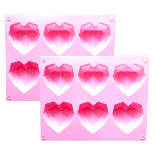 Fine life 2 Pcs 3D Diamond Heart Silicone Mold for Chocolate, 6 Cavities Easy Demold Heart Shaped Mold Tray for Making Breakable Mousse, Cake, Chocolate, Cheesecake, Valentine's Day/Happy Birthday Gift.