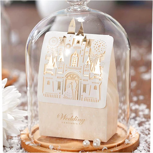 Jofanza 50x Laser Cut Wedding Favor Boxes 3D Fairy Gold Gilding Bride and Groom in Castle Candy Box Gift Chocolate Bag Paper Bags for Engagement Bridal Shower Anniversary Decoration CB5093
