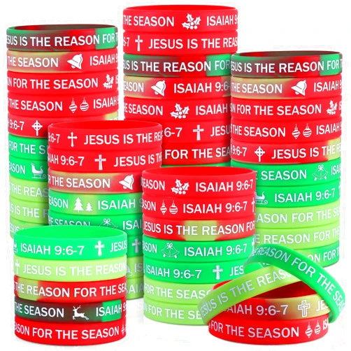 PullCrease 100 Pcs Jesus Is The Reason For The Season Wristband Christmas Isaiah 9: 6-7 Rubber wristband 10 Styles Christian XMAS Gifts for Sunday School Christmas Parties Support Church Supplies
