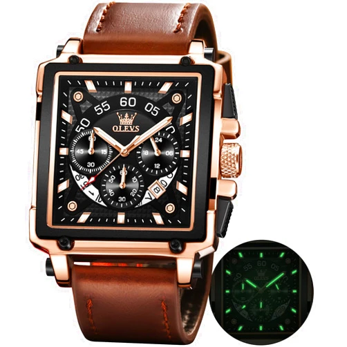 OLEVS Watches for Men Quartz Chronograph Leather Fashion Dress Watch Date Waterproof Luminous Casual Square Business Wrist Watches