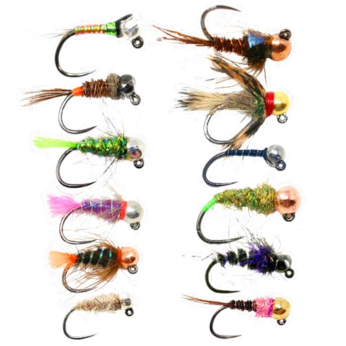 The Fly Crate 12 Barbless Euro Czech Nymphing Trout Fly Fishing Flies - European Nymph Fly Assortment with Tungsten Beads - Jigs, Perdigons, and Barbless Nymphs