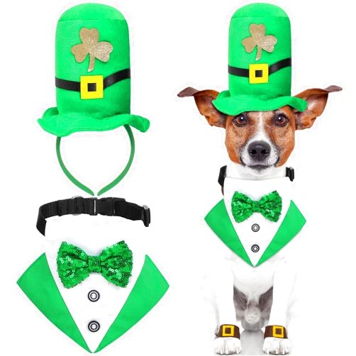 Sadnyy 2 Pieces St. Patrick's Day Dog Costume Dog Top Hat and Dog Bandana Collar with Bow Tie Green Irish Dog Tuxedo St Patricks Day for Dogs Puppy Cat Pet Party Dress up Cosplay (White,Large)