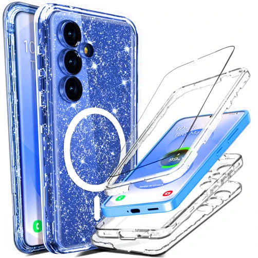 Coolwee Full Protective for Galaxy S25 Plus Heavy Duty, Compatible with MagSafe, Hybrid 3 in 1 Rugged Shockproof Women Girls for Samsung Galaxy S25 Plus 6.7 inch Shiny Clear Glitter Bling Sparkle