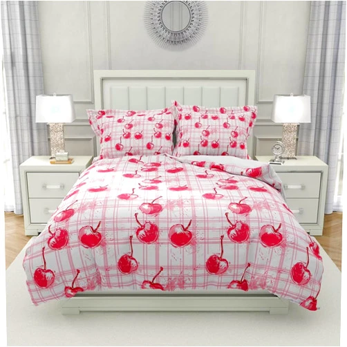 Lokaluo Cherry Duvet Cover King Size 3D Printed Red Cherries Pattern King Duvet Cover Set Cartoon Cherry on White Pink Plaid Bedding Sets Bedroom Decor 3 Pcs Comforter Cover with 2 Pillowcases