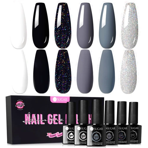UR SUGAR Black White Gel Nail Polish Set, 6 Colors Black White Grey Gel Polish Black Glitter Sliver Glitter Nail Polish Set for All Seasons Soak Off Gel Nail Manicure Gifts Set for Women