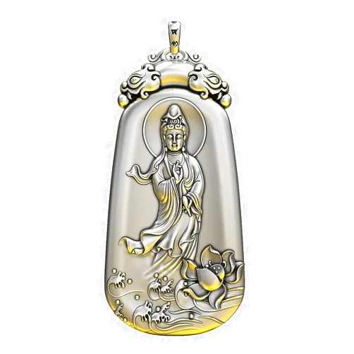 Kinsing Quan Yin Laughing Buddha Necklace Pendant for Men Women Hand Carved Silver-Plated Guan Yin Keel Chain Kwan-yin Chinese Feng Shui Lucky Amulet Jewelry