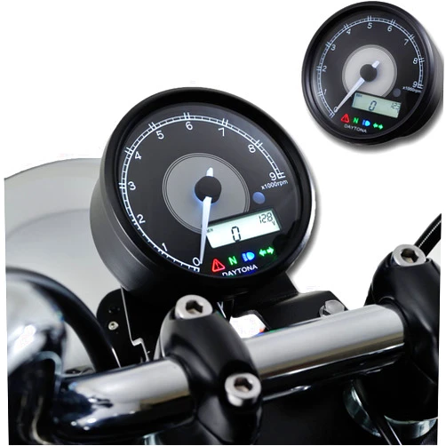 DAYTONA Velona Motorcycle Gauge Displays Both Tachometer RPM and Speedometer MPH KMH Selectable, Odometer, 2 Trip Meters, Indicators, White LED Lighting and More (9,000 RPM)