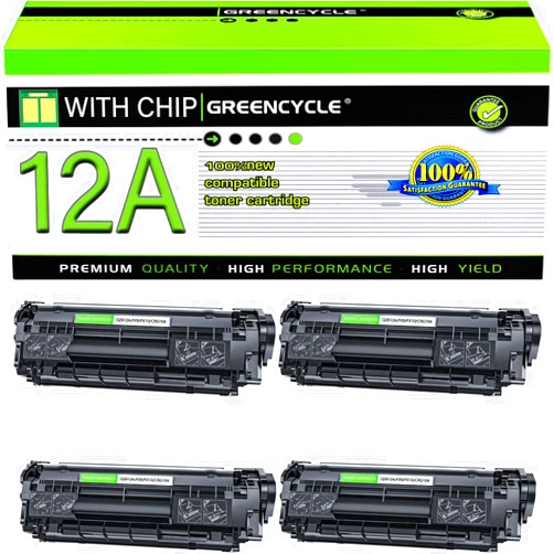 greencycle 12A Toner Cartridge Replacement Compatible for HP 12A Q2612A (Black) LaserJet 1020 1010 1012 1018 1022 1022N 3015 3030 3052 3055 M1005 M1319F Printer (Black, 4-Pack)