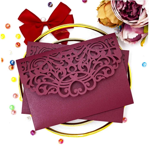 Builcker 20 pcs Laser Cut Wedding Invitations Cards Pockets With Envelope Seal Floral Design for Wedding Party Bridal Shower Birthday Quinceañera Invite (Burgundy)