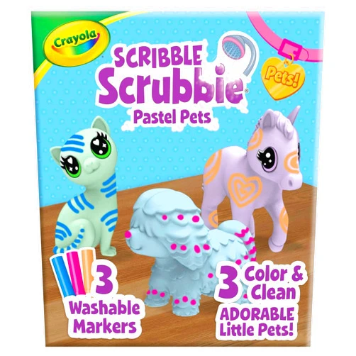Crayola Scribble Scrubbie Pastel Pets (3ct), Grooming Pet Toy for Kids, with Washable Markers & Brush, Gift for Girls & Boys, 3+