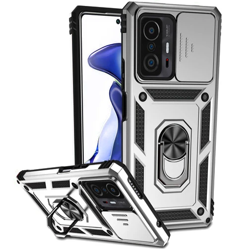 Cyberland Armor Case Compatible with XiaoMi Mi 11T/11T Pro Case, [Built in Kickstand & Camera Lens Protector] Shockproof Back Bumper Hybrid Cover Phone Case for XiaoMi Mi 11T/11T Pro (Silver)
