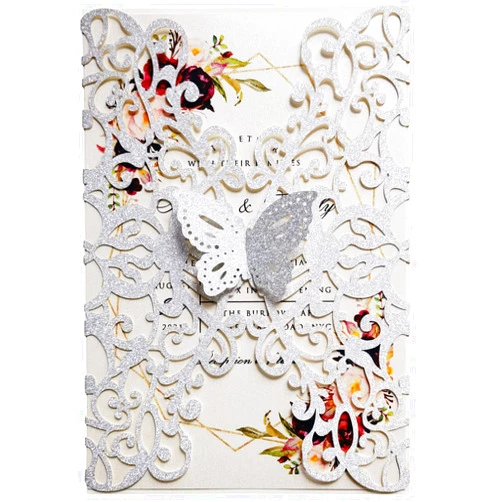 FLZOPYNE 20PCS 5x7.3 inch Silver Laser Cut Butterfly Wedding Invitation Cards with Envelopes for Quinceañera Bridal Shower Engagement Sweet 16 Birthday Invite (Silver Glitter)