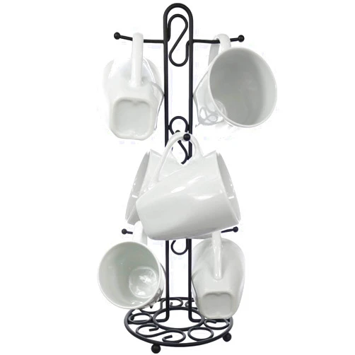 Blue Donuts Farmhouse Coffee Mug Rack, Coffee Mug Tree for 6 Mugs, Coffee Cup Holders for Counter, Black Coffee Cup Holder Countertop Organizer for Kitchen, Vintage Mug Rack
