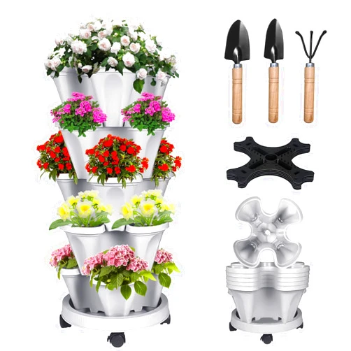 Bociks Vertical Strawberry Planter 5 Tier Stackable Tower Herb Planters-Stacking Garden Outdoor Planter Pot With Tools Mover For Succulents, Vegetables and Flowers