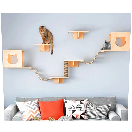Aoparts PETKABOO Cat Wall Furniture, Shelves, Floating Wood Climb Wall-Mounted Playing Climber, 2 Houses & 4 Shelves Ladders 1 Scratching Post