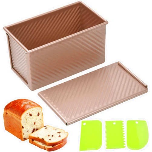 Spmarkt Pullman Loaf Pan with Lid, 1Pound Dough Capacity Rectangular Bread Pan, Non-Stick Long Bread Pans for Homemade Bread, 9x4inch Pullman Loaf Pan with Dough Scraper Cutter for Sandwich Bread