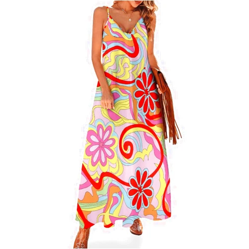 AYUNIX Women's Maxi Dress Retro 70s Summer Sundress Casual Loose Long Dress V Neck Sleeveless Hawaiian Dresses