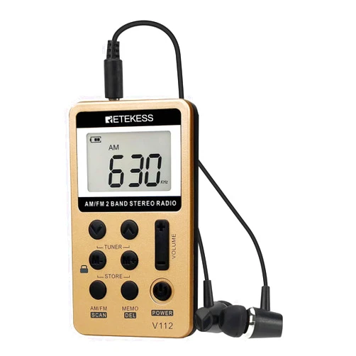 Retekess V112 AM FM Radio Portable, Mini Radio with Earphone Pocket, Digital Tuning Rechargeable Battery LCD Display for Walking Jogging(Gold)