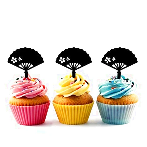 Whimsical Practicality Japanese Sakura Hand Fan Silhouette Acrylic Cupcake Toppers 12 pcs