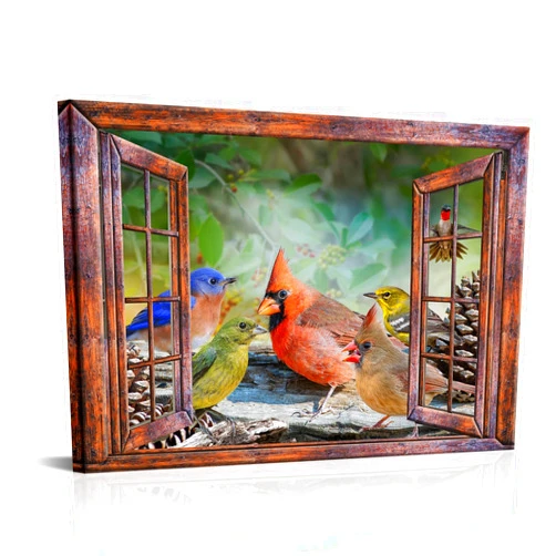 LyerArtork Vintage Window View Birds Canvas Wall Art Cardinal Hummingbird Pictures Prints Wall Decor for Living Room Bathroom Bedroom Kitchen Christmas Decoration 24x36inch