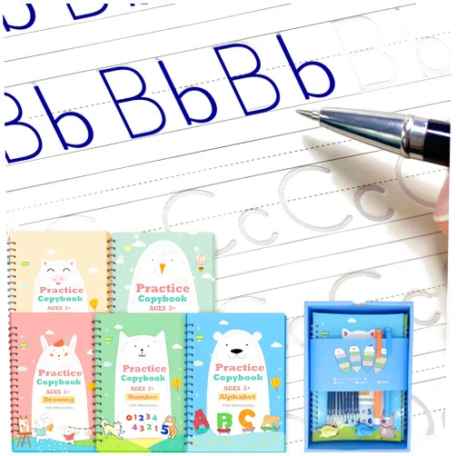 QMUBOT Magic Practice Copybook for Kids, Handwriting Practice Workbook, Reusable Writing Practice Book for Preschool Kids Age 3-8, ​Calligraphy 7.9in×5.5in (5 Books with Pens)