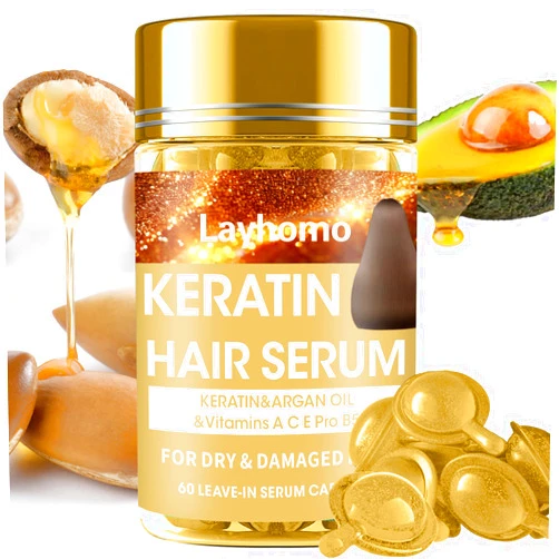 Layhomo Keratin Hair Treatment Serum,60 Capsules Hair Treatment Oil for Dry Damaged Hair,Hair Oil with Keratin,Argan Oil-Leave-in Anti Frizz Conditioner with Vitamins A, C, E & B5- No Rinse for All Hair Types