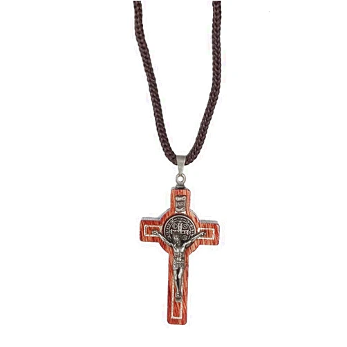 Catholica Shop Saint Benedict Medal Wood Crucifix Pendant Cord Necklace. Religious Necklace for Men and Women. Made in Brazil