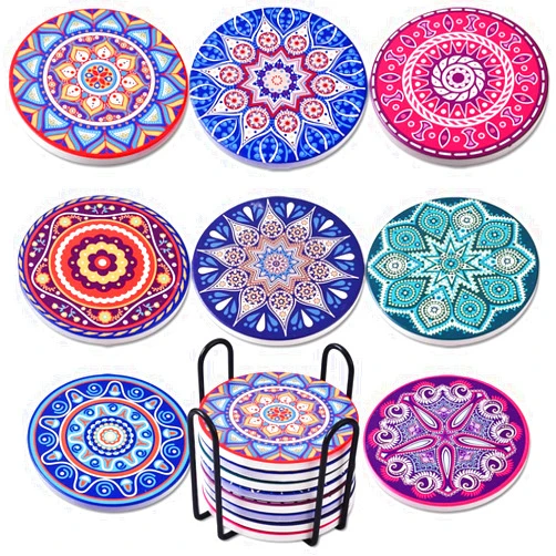 Newk Coasters for Drinks, Set of 8 Ceramic Absorbent Coasters with Metal Holder, Mandala Coasters for Coffee Table, Great Housewarming Gifts